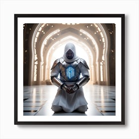 A 3d Dslr Photography Muslim Wearing Futuristic Digital Armor Suit , Praying Towards Masjid Al Haram, House Of God Award Winning Photography From The Year 8045(2) Art Print