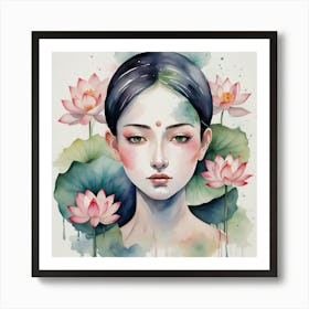 Chinese Girl With Lotus Flowers 1 Art Print