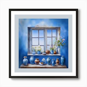 Blue wall. Open window. From inside an old-style room. Silver in the middle. There are several small pottery jars next to the window. There are flowers in the jars Spring oil colors. Wall painting.1 Art Print