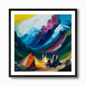 People camping in the middle of the mountains oil painting abstract painting art Art Print