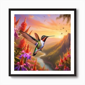 A Ruby Throated Hummingbird Wings In High Speed Motion Hovers Above A Vibrant Array Of Bewildering 413054471 (1) Art Print