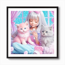 Girl With Kittens Art Print