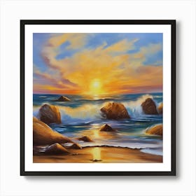 The sea. Beach waves. Beach sand and rocks. Sunset over the sea. Oil on canvas artwork.20 Art Print