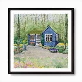 Watercolor Landscape House In Tulips Square Art Print