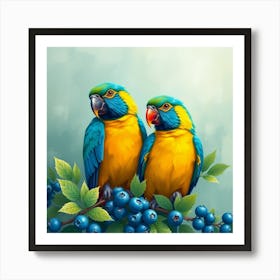 Parrots On Blueberries Art Print