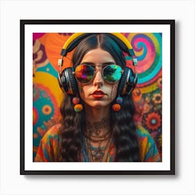 Hippie Girl With Headphones Art Print