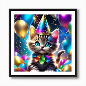 Birthday Kitten With Balloons Art Print