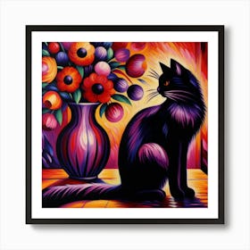 Black Cat With Flowers 4 Art Print