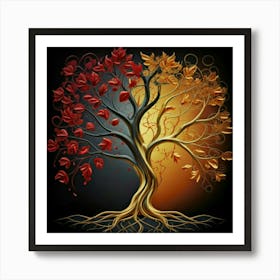 Template: Half red and half black, solid color gradient tree with golden leaves and twisted and intertwined branches 3D oil painting 9 Art Print