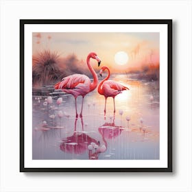 Ethereal Waters: Impressionist Flamingos Art Print