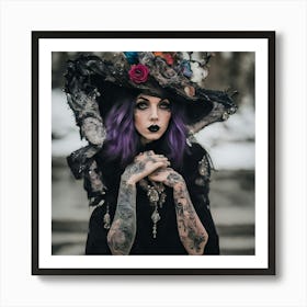 Majestic Gothic Lady Up Close To Camera Amazing Bright Vibrant Tattoos Over Her Arms Art Print