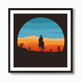 Sunset Cowboy Man Cactus Horse Desert Art Print