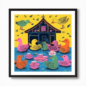 Duckling Afternoon Tea Linocut Style 1 Art Print