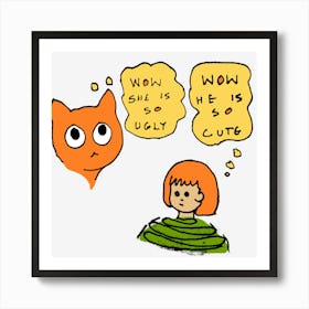 What Cat Thinks And Girl Thinks Humorous Illustration Art Print