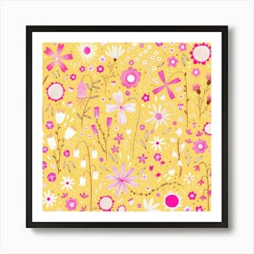 Pink and White Wild Flowers on Yellow Art Print