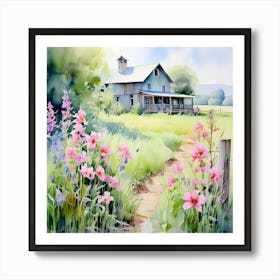 Watercolor Country Farm House Full Belcony With Shades Of Blush Pink Pale Blue And Mint Green 1 Art Print