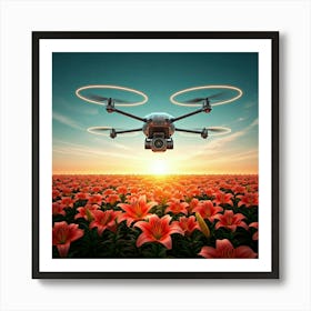 Drone Flying Over Flower Field Art Print