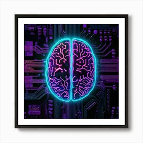 Neon Brain On Circuit Board Art Print