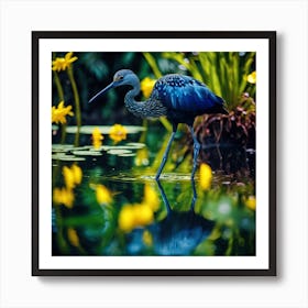 Yellow Lagoon Flowers with Wading Blue Bird Art Print