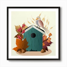 Birdhouse Autumn Nature Bird Leaves Season Colorful Colours Art Print