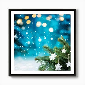 A Christmas Tree Branch Gleaming With Delicate Snowflakes In The Foreground A Merry Banner With Glo (4) Art Print