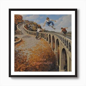 Skateboarders On A Bridge Art Print