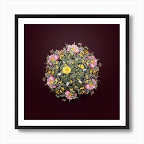 Vintage Yellow Sweetbriar Rose Flower Wreath on Wine Red n.2450 Art Print