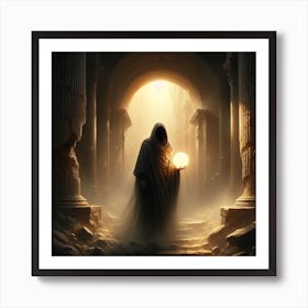 Inspired by the hauntingly beautiful chiaroscuro of Caravaggio: A lone figure, bathed in stark lamplight 1 Art Print