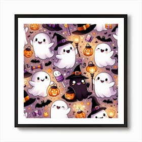 Halloween Cute Ghosts On Lilac Pattern Art Print