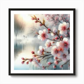 Cherry Blossom Watercolor Painting: Misty Morning Over Fall Pond by Alison Brady – Pastel Colors & SAI Sunshine. Art Print