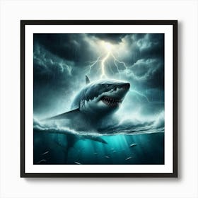 A Gigantic Great White Shark Breaches the Ocean's Surface During a Thunderstorm with Lightning in the Background Art Print