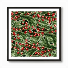 Fir Branches And Lingonberry Seamless Pattern on Green Art Print