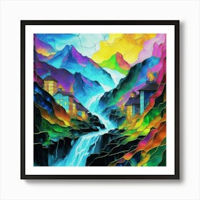 Abstract art stained glass art of a mountain village in watercolor 1 Art Print