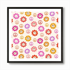 Retro Smiling Flowers with Peace Signs Art Print