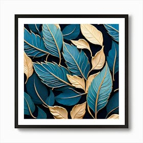 Blue And Gold Leaves 2 Art Print