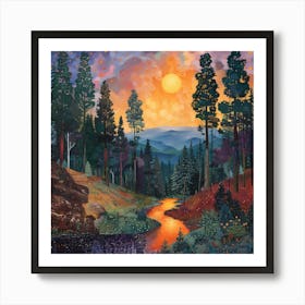 Sunset In The Forest, Tiny Dots, Pointillism Art Print