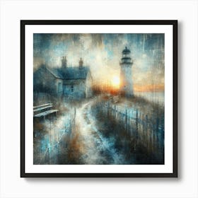 Lighthouse At Sunset and Captivating Scene: Old Lighthouse, Neglected Cottage, Crooked Fence, and Bench in Dreamy Sunrise Painting Art Print