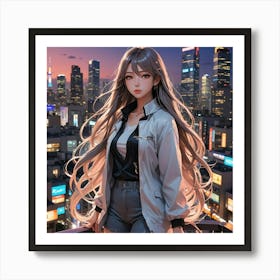 Anime Girl Standing On A Rooftop Art Print