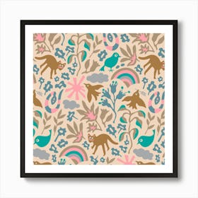 LAND OF PLENTY Cute Outdoors Wildlife Nature Birds Animals Snake Flowers Rainbow in Pastel Colors Art Print