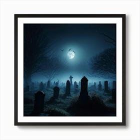 Full Moon Casting An Eerie Glow Over A Cemetery Gravestones Crooked With Names Worn By Time Mist C (3) Art Print