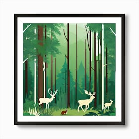 Deer In The Forest, A Serene Forest Landscape With Wildlife Living In Harmony 1 Art Print