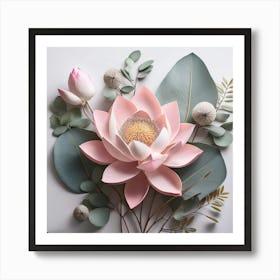 Firefly A Combination Of Lotus Flowers And Eucalyptus Leaves In Pale Pink And Gray, Spaced Out With (2) Art Print