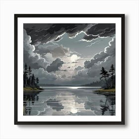 Lake Art Print With Forest At Night (2) Art Print