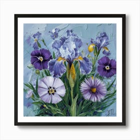 Pansies Irises and Asters Art Print