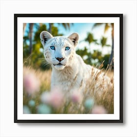 Pure White Snow Lepord Deep Blue Eyes Looking At Camera Walking Through A Field Of Flowers, Pettles Long Grass 1 Art Print