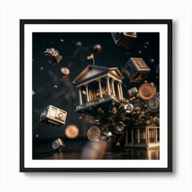 Financial Building With Flying Coins And Gold Bars Art Print