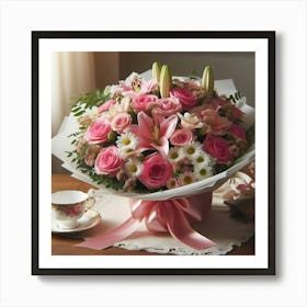 Pink Roses And Lilies Art Print