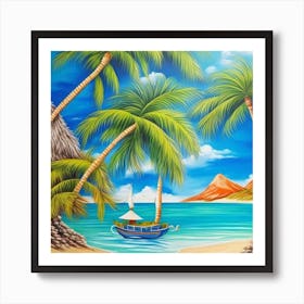 Beach Scene With Palm Trees 3 Art Print