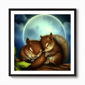 Cute Squirrels At Night Art Print