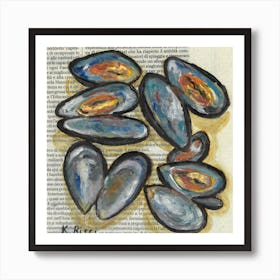 Mussels On Newspaper Seafood Inspired Painting For Minimal Rustic Kitchen Farmhouse Dining Room Art Print